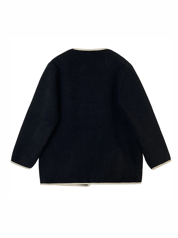 Asymmetric Buttoned Pockets Split-Joint Long Sleeves Loose Round-Neck Woolen Coat