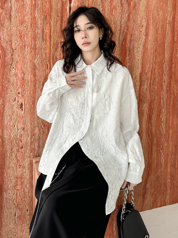 Abstract Printed Asymmetric Buttoned Wrinkled Irregularity Long Sleeves Lapel Blouses&Shirts Tops