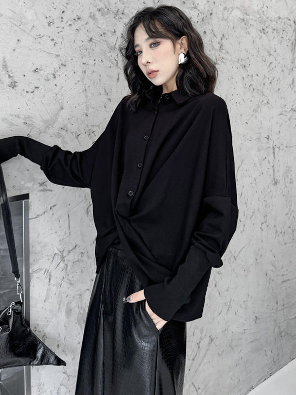 Buttoned Solid Color Twist Hipster Irregularity Lapel Collar Blouses&Shirts Tops