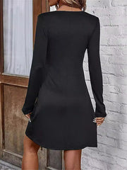 Pleated Solid Color Split-Joint A-Line Long Sleeves Deep V-Neck Mini Dresses