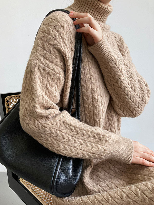 Stylish Loose Long Sleeves Solid Color High-Neck Twist Sweater Dresses