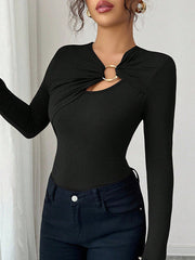 Solid Color Split-Joint Long Sleeves Skinny Asymmetric Collar T-Shirts