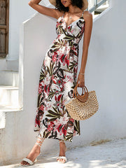 Elasticity Flower Print High Waisted Sleeveless Spaghetti-Neck Midi Dresses