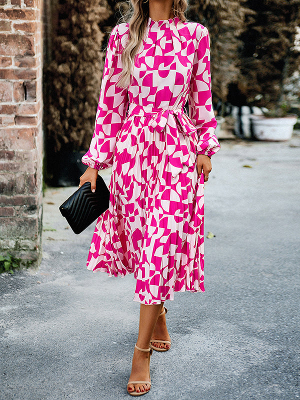 Pleated Printed Tied Waist Long Sleeves Loose Mock Neck Midi Dresses