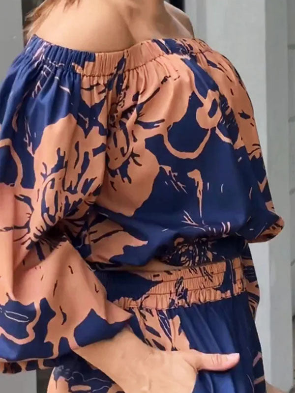 Loose Contrast Color Elasticity Floral Printed Off-The-Shoulder Shirts&Pants Suits
