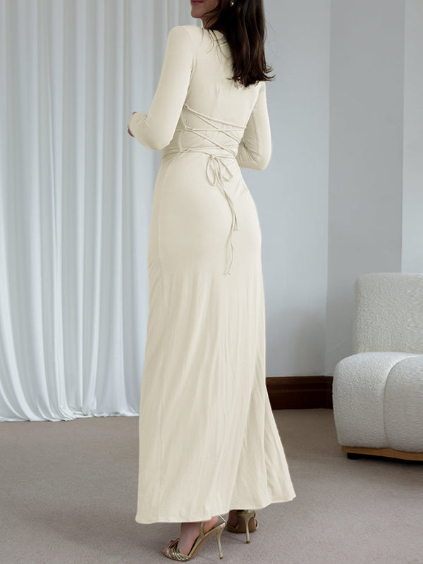 Asymmetric Pleated Ruffled Solid Color Split-Joint Bodycon High Waisted Round-Neck Maxi Dresses