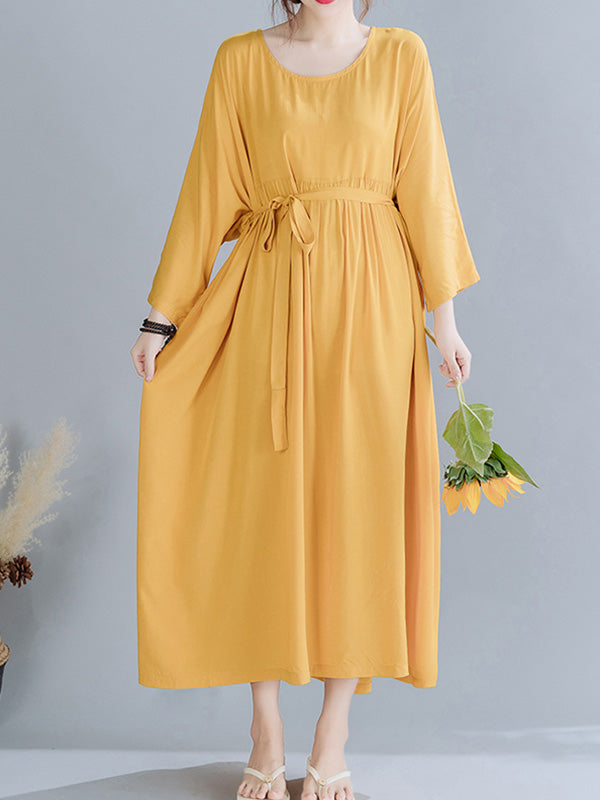 Simple Pleats Round-Neck Maxi Dress