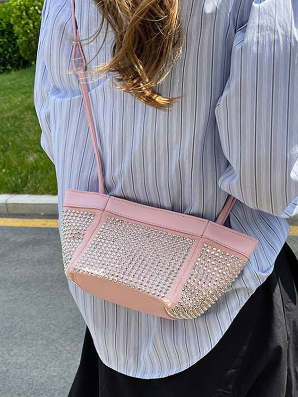 Rhine Stones Shiny Split-Joint Zipper Handbags Crossbody Bags