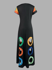 Colorful Contrast Color Hollow A-Line High Waisted V-Neck Maxi Dresses