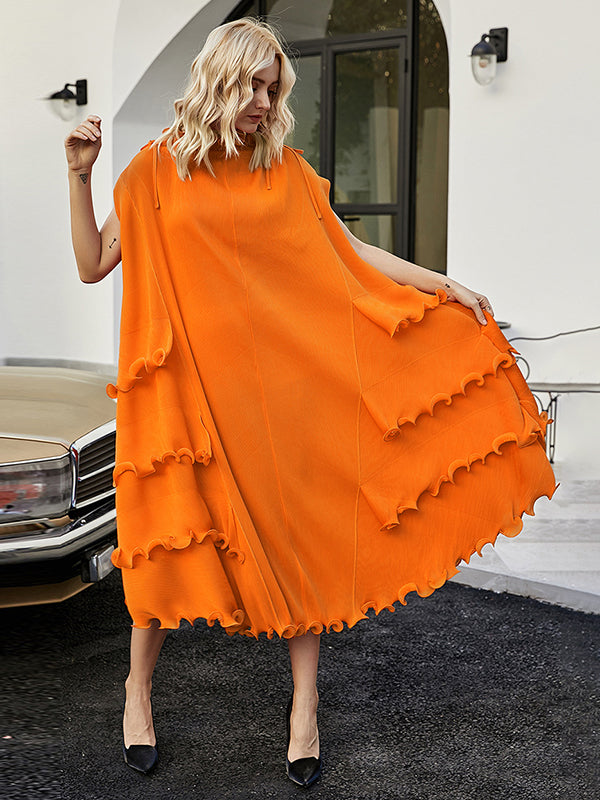 Bandage Lacy Solid Color Loose High-neck Midi Dresses
