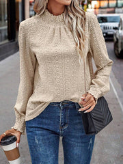 Elasticity Jacquard Pleated Solid Color Long Sleeves Loose Mock Neck T-Shirts Tops