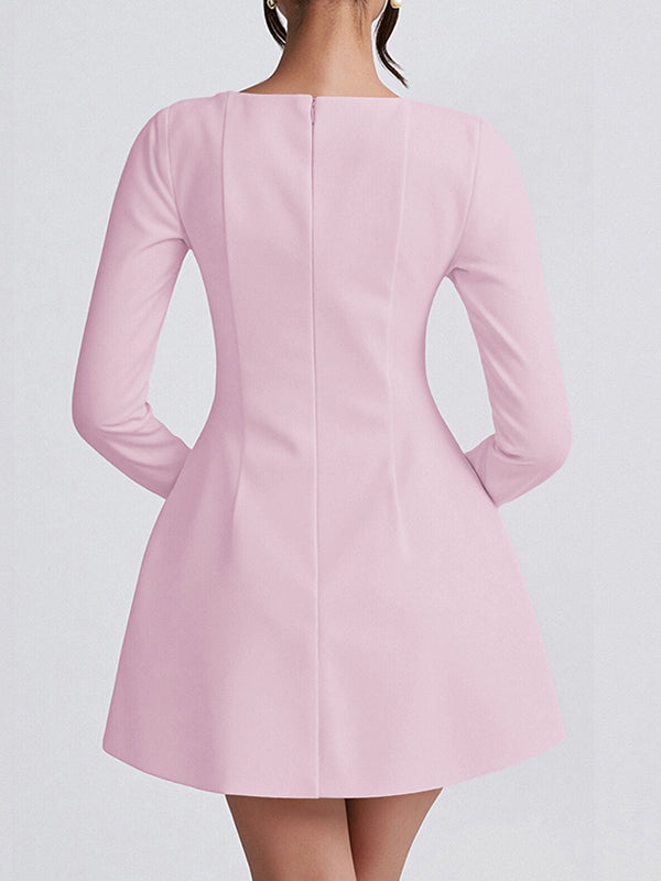 Solid Color Zipper A-Line Bodycon Square-Neck Mini Dresses