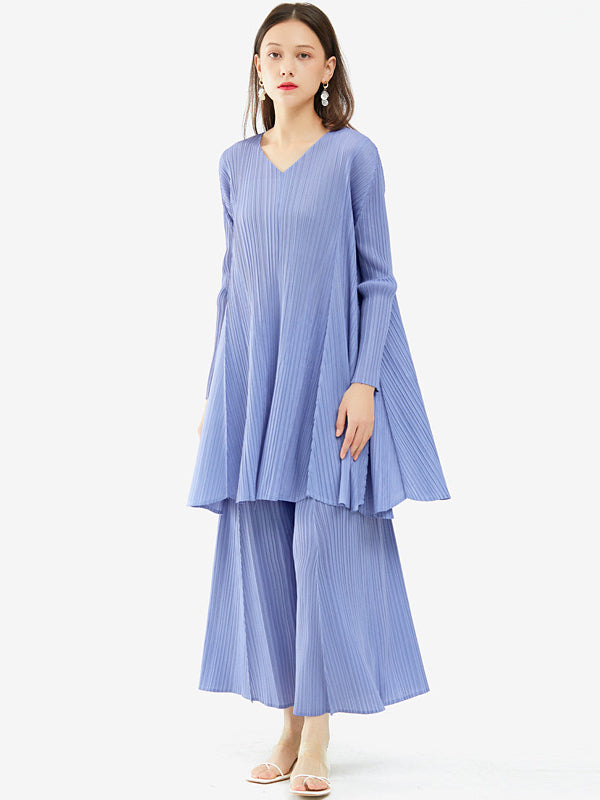 Urban Pleated Solid Color V-Neck Long Sleeves T-Shirt&Flared Pantstwo Pieces Set
