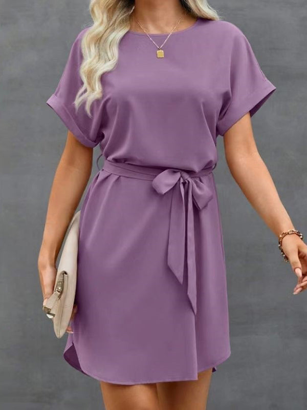 Solid Color Tied Waist Loose Short Sleeves Round-Neck Mini Dresses