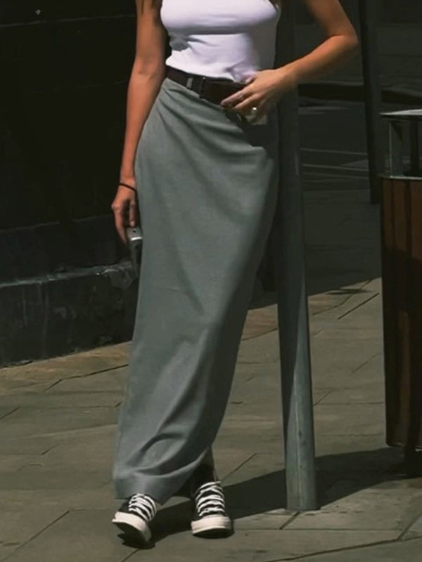 No Belt Solid Color Split-Back Split-Joint Zipper High Waisted Loose Skirts Bottoms