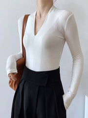 Solid Color Long Sleeves Skinny V-Neck T-Shirts Tops