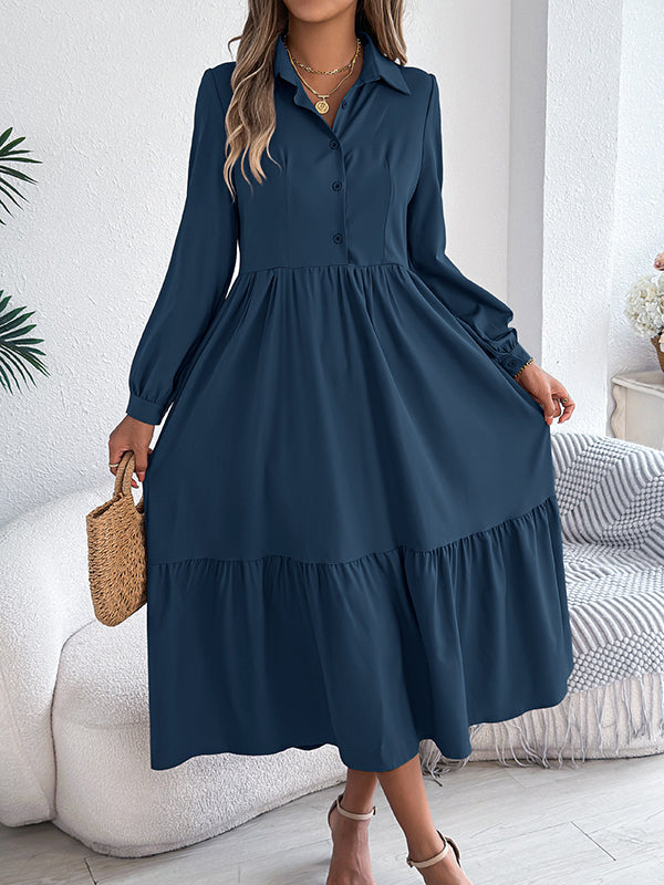 Pleated Ruffled Solid Color High Waisted Long Sleeves Lapel Shirt Dress Midi Dresses