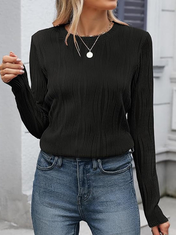 Solid Color Long Sleeves Loose Round-Neck T-Shirts Tops