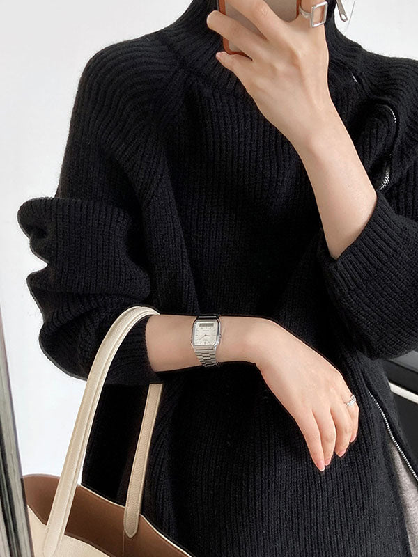 Urban Loose Long Sleeves Split-Side Solid Color Zipper Halter-Neck Sweater Tops