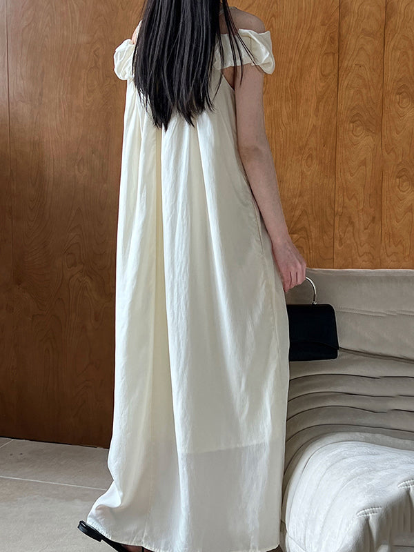 Elasticity Pleated Solid Color Split-Joint Loose Sleeveless Off-The-Shoulder Maxi Dresses