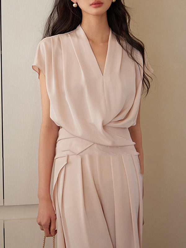 Knot Pleated Solid Color Split-Joint Loose Raglan Sleeve V-neck Blouses&shirts Tops