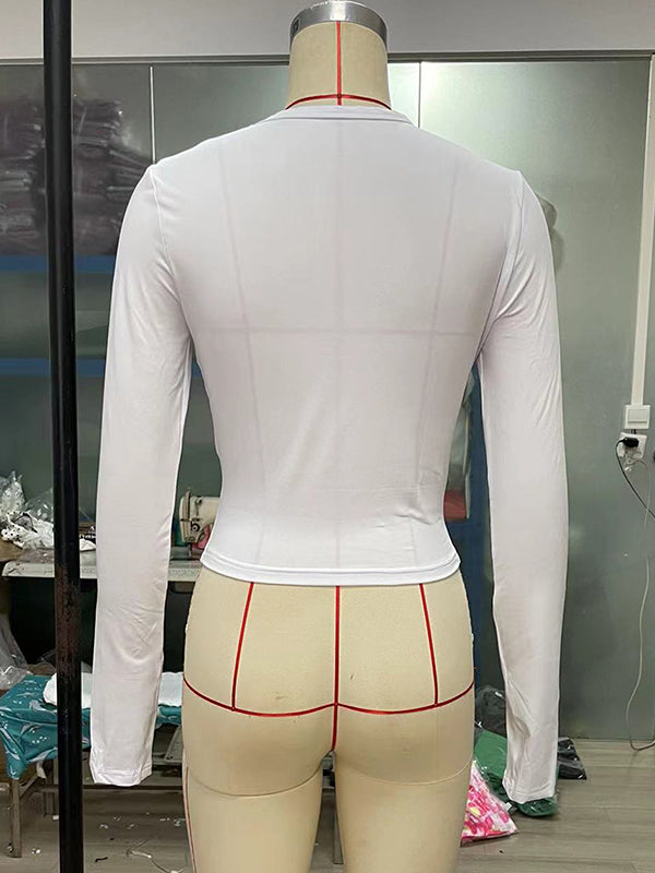 Hollow Solid Color Long Sleeves Skinny Round-Neck T-Shirts Tops