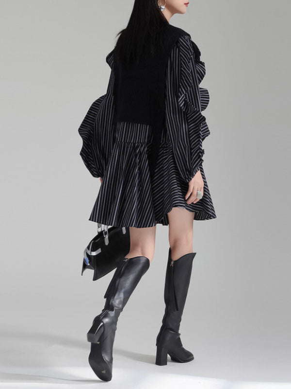 Ruffled Split-Joint Long Sleeves Loose Round-Neck Inner Mini Shirt Dress + Outer Vest Two Pieces Set