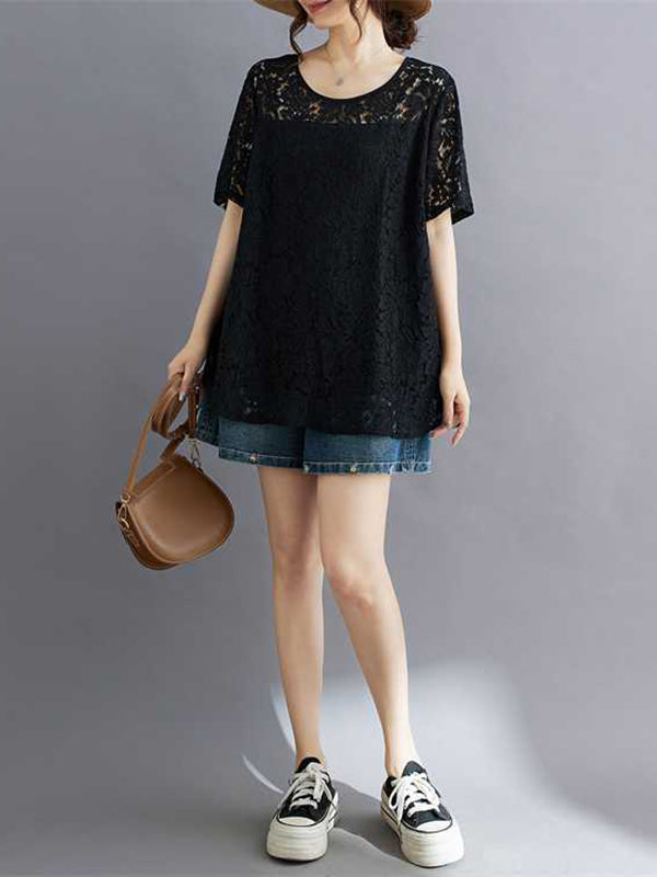 Hollow Solid Color Split-Back Split-Joint Loose Plus Size Round-Neck T-Shirts Tops