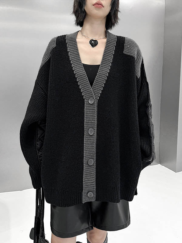 Buttoned Contrast Color Reversible Split-Joint Long Sleeves Loose Collarless Outerwear Cardigan Tops