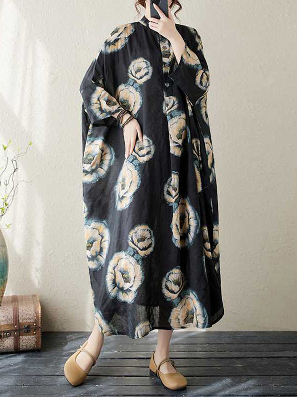 Buttoned Flower Print Loose Three-quarter Sleeves Stand Collar Midi Dresses