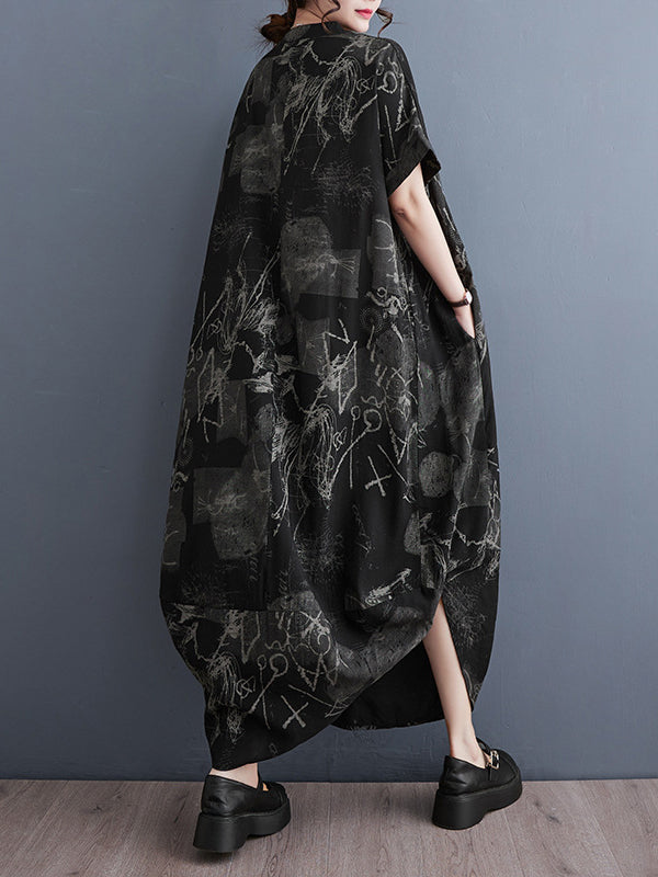 Printed Irregular clipping Loose V-neck Maxi Dresses