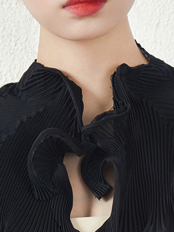 Original Creation Irregularity Long Sleeves Buttoned Pleated Solid Color Outerwear