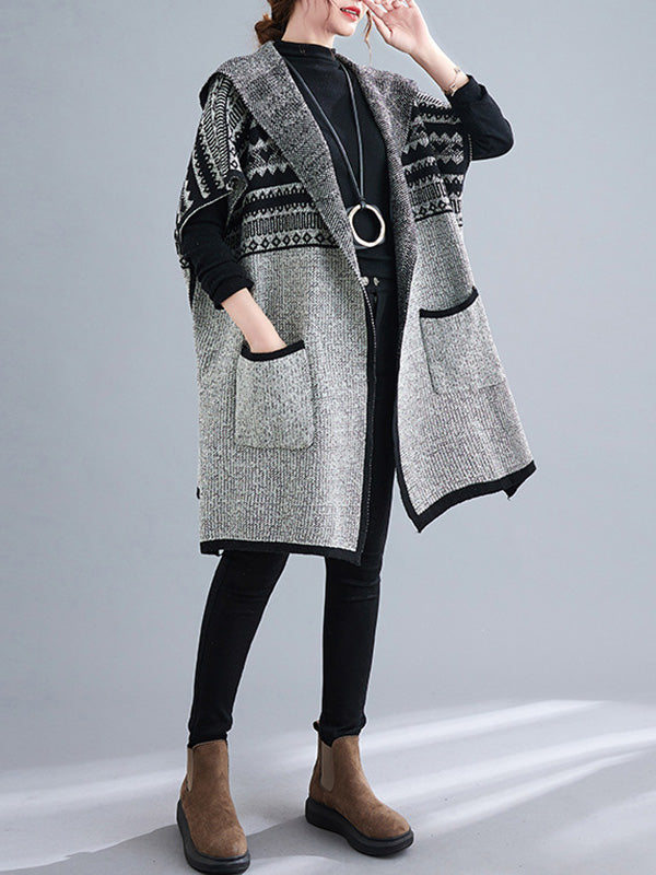 Artistic Retro Loose Casual With Pocket Hooded Short Sleeves Cardigan Outwear