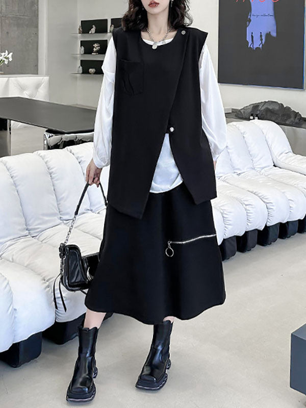 Asymmetric Zipper Loose Sleeveless Round-Neck Vest Top