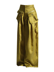 Pockets Solid Color Loose Wide Leg Trousers Casual Pants Bottoms