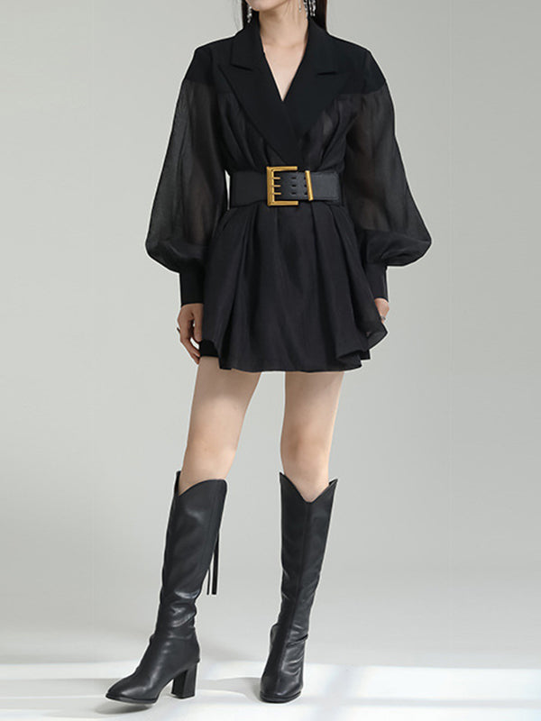 See-Through Split-Joint Tied Waist Loose Puff Sleeves Lapel Blouses&Shirts Tops