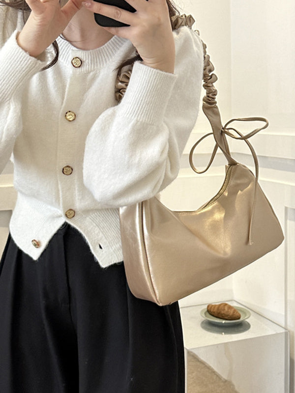 Geometric Pleated Solid Color Zipper Shoulder Bags Handbags