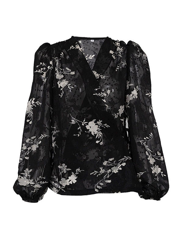 Gauze Jacquard Lace-Up Pleated See-Through Loose Puff Sleeves V-Neck Blouses&Shirts Tops