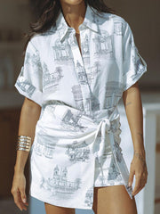 Lapel Loose Buttoned Printed Blouses Tops + Tied Bodycon Skirts bottom Two Pieces Set