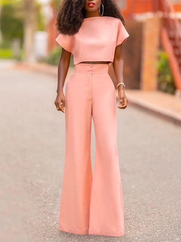 Loose Short Sleeves Solid Color Boat Neck T-Shirt Tops&Pants Two Pieces Set