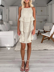 Ruffle Trim Solid Color Tied Zipper A-line Loose Spaghetti-Neck Mini Dresses