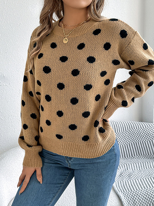 Contrast Color Polka-Dot Long Sleeves Loose Round-Neck Sweater Tops Pullovers