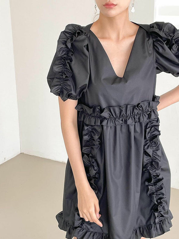 Ruffle Trim Split-Joint A-Line Loose V-Neck Mini Dresses