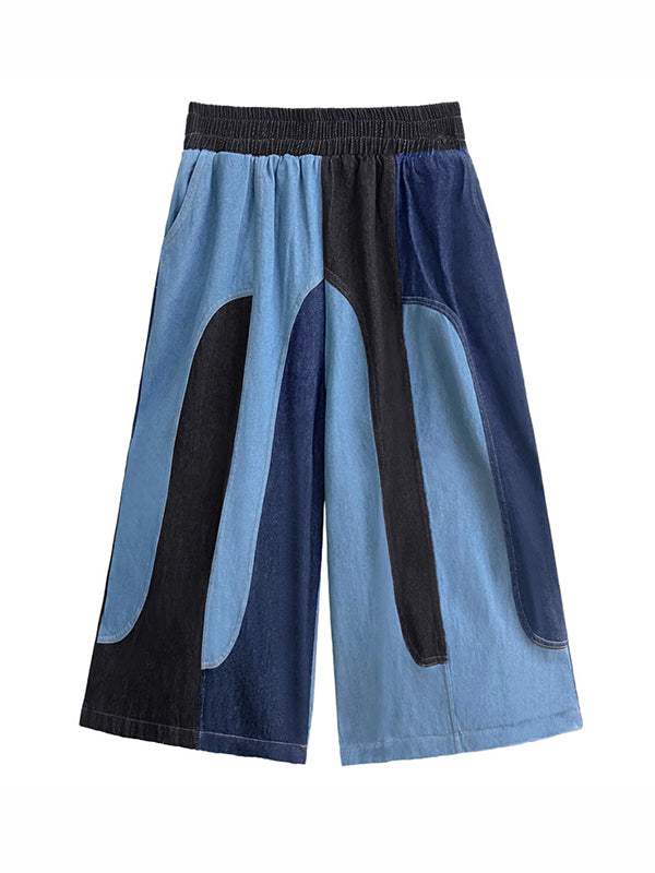 Contrast Color Elasticity Split-Joint Loose Wide Leg Jean Pants Bottoms