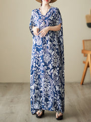 Floral Printed Loose Short Sleeves V-neck Maxi Dresses