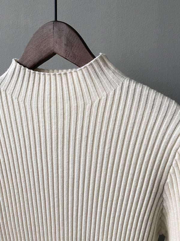 Simple Long Sleeves Skinny Leg Solid Color High-Neck Sweater Tops