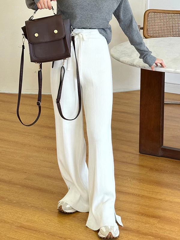 Drawstring Solid Color Split-Side Velvet High Waisted Loose Trousers Pants