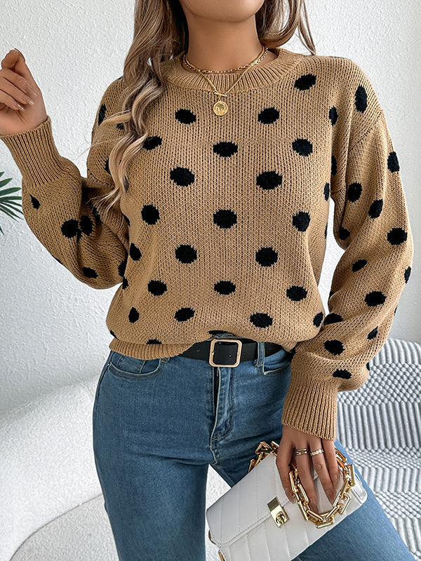Contrast Color Polka-Dot Long Sleeves Loose Round-Neck Sweater Tops Pullovers