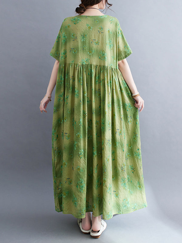 Floral Printed Loose Short Sleeves Round-Neck Midi Dresses
