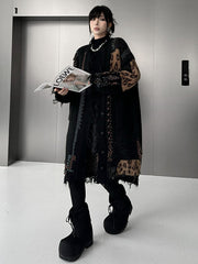 Asymmetric Buttoned Contrast Color Leopard Pockets Split-Joint Hipster Long Sleeves V-Neck Cardigan Tops
